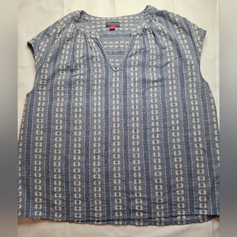 Vince Camuto Womens Blue And White Lightweight Cap Sleeve Top Size Petite Medium